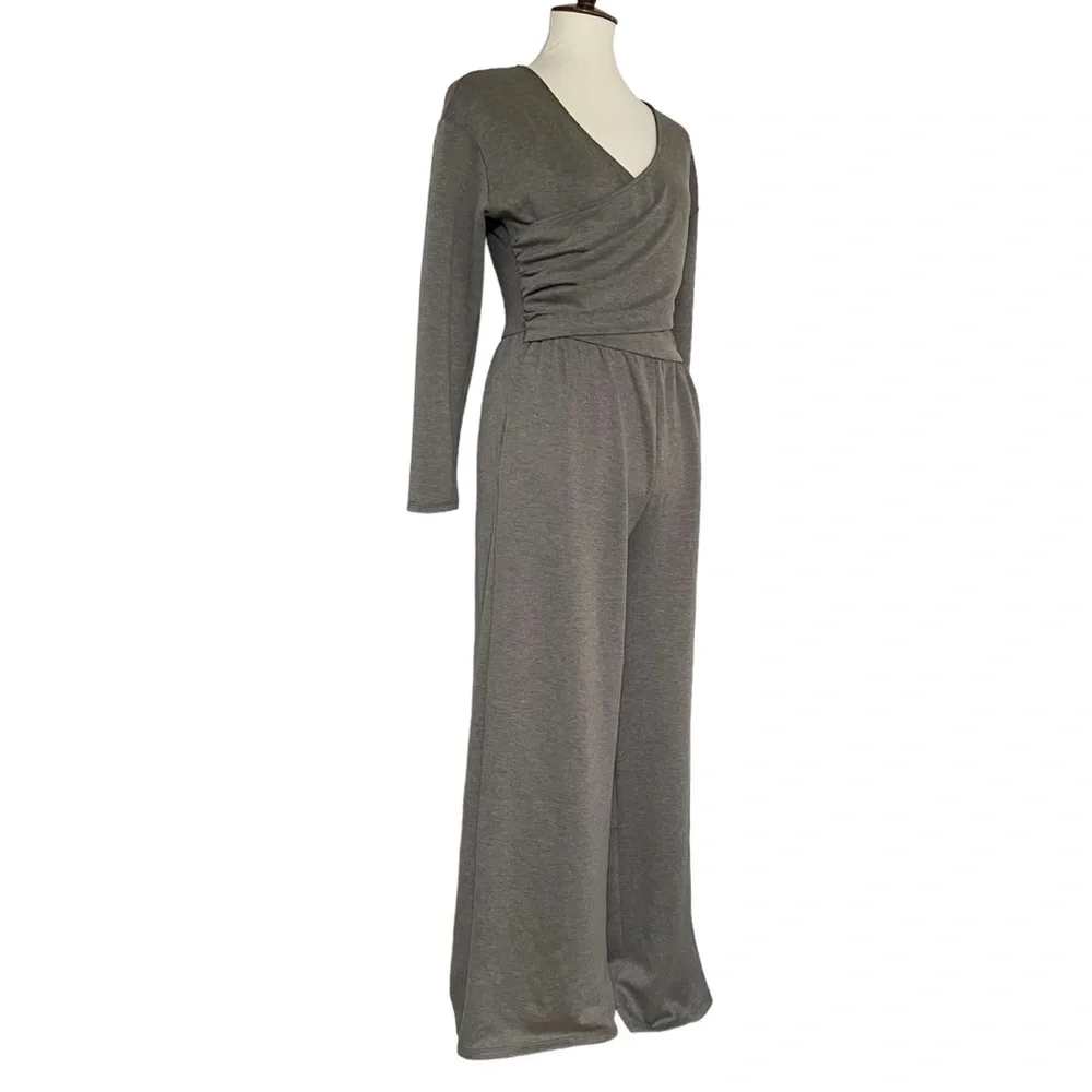 Express Luxe Lounge Long Sleeve Surplice Wide Leg Jumpsuit‎